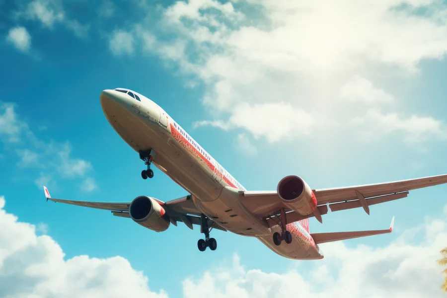 Passenger aircraft on approach, evoking international travel to Thailand.