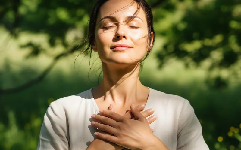 Een vrouw in een rustig moment van mindfulness buiten