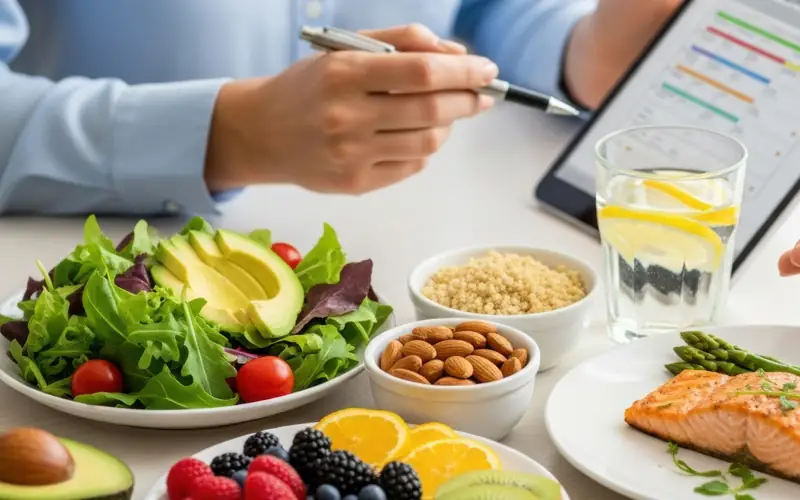 Verse salade, zalm, fruit en noten op een tafel met een voedingsplanner
